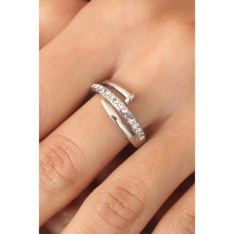 Gümüş Renk Taşlı Çivi Ayarlanabilir Kadın Yüzük - TJ-BYK2407