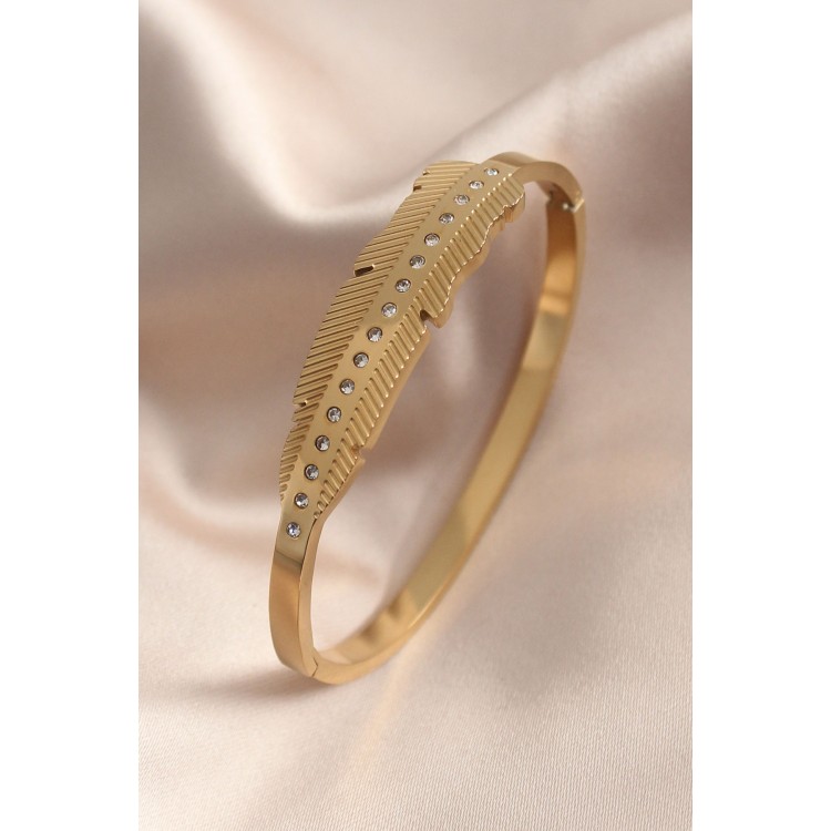 Gold Renk Yaprak Model Zirkon Taş Detay Kelepçe Kadın Bileklik - TJ-BB4681 Gold Renk Yaprak Model Zirkon Taş Detay Kelepçe Kadın Bileklik - TJ-BB4681