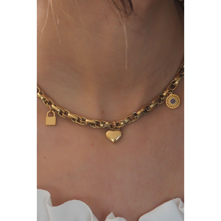 Steel Gold Color Thick Chain Model Heart Figure Women's Necklace - TJ-BKO6898