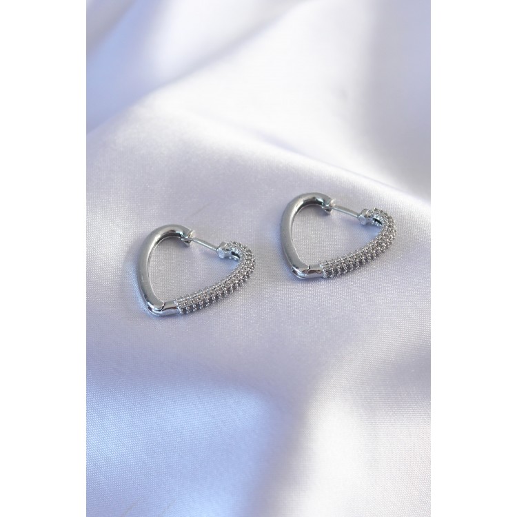 Gümüş Renk Zirkon Taşlı Kalp Model Kadın Küpe - TJ-BKP7239