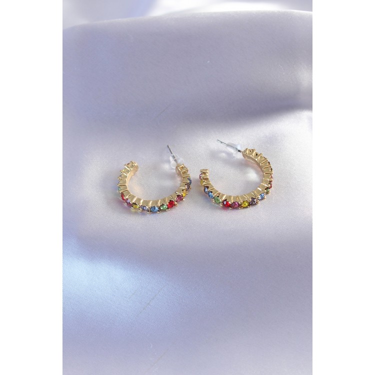 Gold Half Hoop Model Colorful Crystal Stone Women's Earrings - TJ-BKP7268