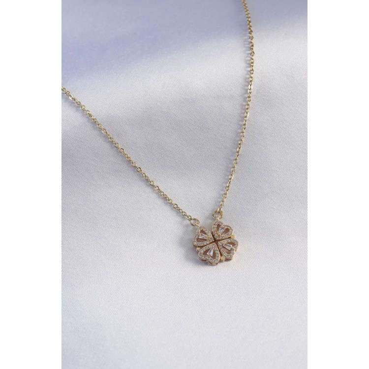 316L Steel Gold-Colored Open Clasp Zircon Stone Clover Model Women's Necklace - TJ-BKO7290 316L Steel Gold-Colored Open Clasp Zircon Stone Clover Model Women's Necklace - TJ-BKO7290