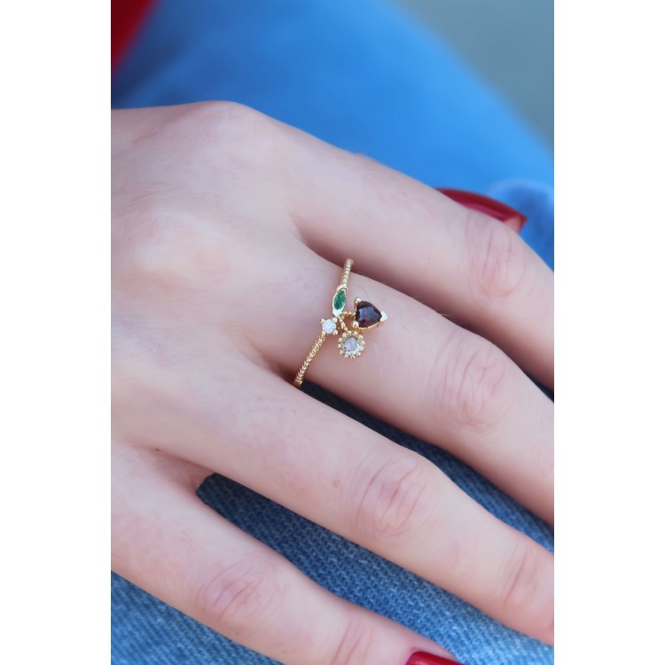 Gold Renk Kiraz Model Zirkon Taşlı Kadın Yüzük - TJ-BYK2603