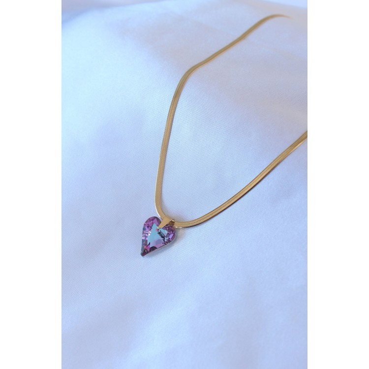 316L Steel Gold Color Italian Chain Model Purple Crystal Heart Figure Women's Necklace - TJ-BKO7499