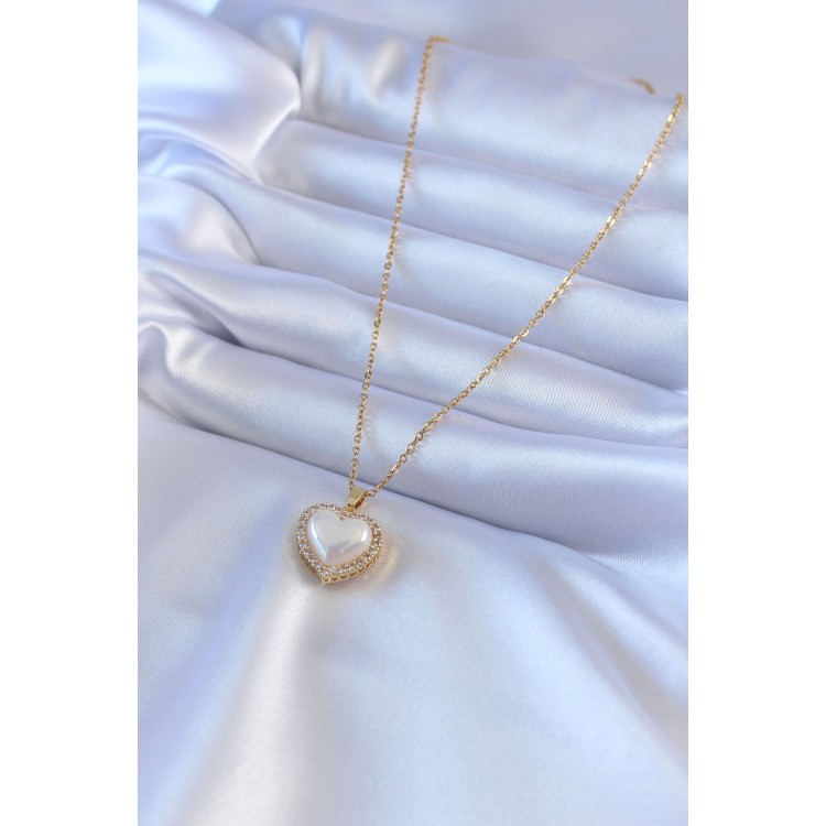 316L Çelik Gold Renk İncili Kalp Model Zirkon Taşlı Kadın Kolye - TJ-BKO7566