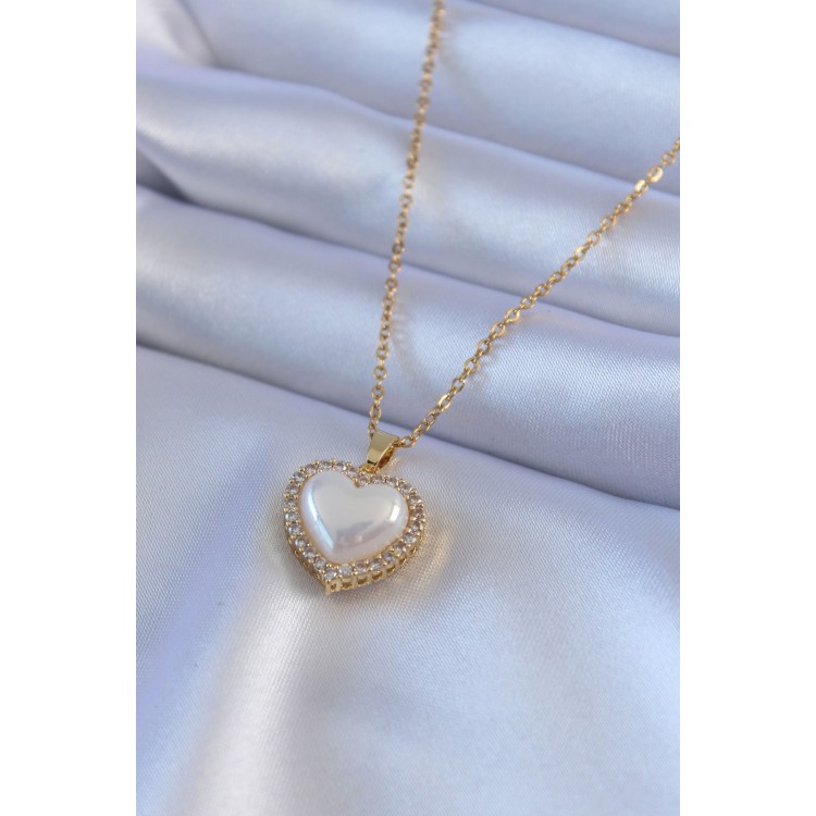 316L Çelik Gold Renk İncili Kalp Model Zirkon Taşlı Kadın Kolye - TJ-BKO7566