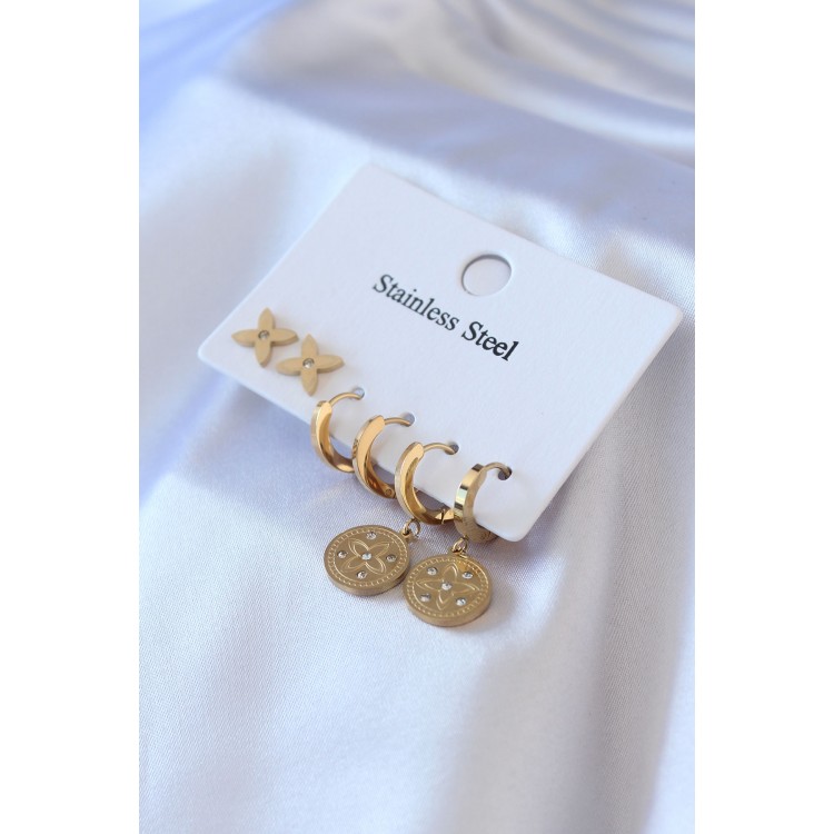 316L Steel Gold Color Zircon Stone Detail Flower Embroidery Women's Earring Set - TJ-BKP7709 316L Steel Gold Color Zircon Stone Detail Flower Embroidery Women's Earring Set - TJ-BKP7709