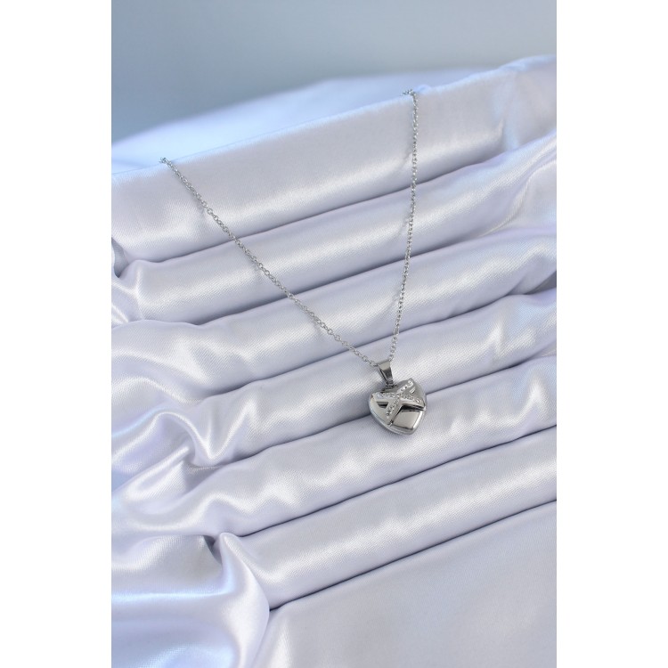 316L Çelik Gümüş Renk Zirkon Taşlı Kalp Model Kadın Kolye - TJ-BKO7627