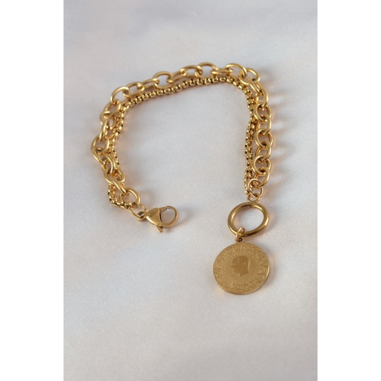 316L Çelik Gold Renk 2'li Zincir Model Çeyrek Altınlı Kadın Bileklik - TJ-BB5452