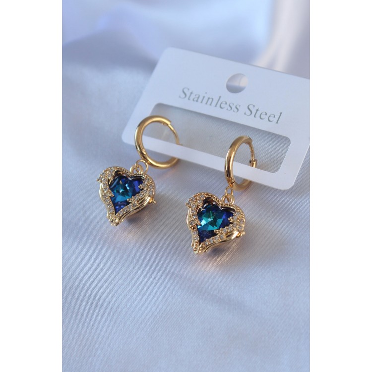 316L Steel Gold Color Blue Crystal Stone Heart Model Zircon Stone Women's Earrings - TJ-BKP7759 316L Steel Gold Color Blue Crystal Stone Heart Model Zircon Stone Women's Earrings - TJ-BKP7759