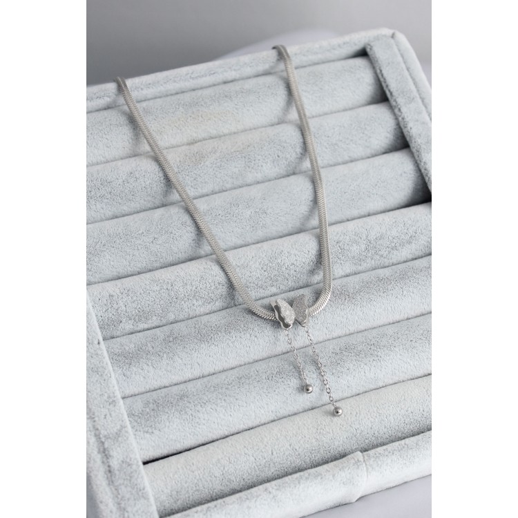 316L Çelik Gümüş Renk İtalyan Zincir Model Simli Kelebek Figür Kadın Kolye - TJ-BKO7676