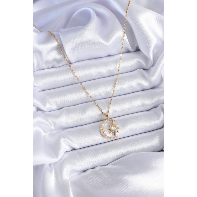 316L Çelik Gold Renk Zirkon Taşlı Ay Yıldız Model Kadın Kolye - TJ-BKO7688