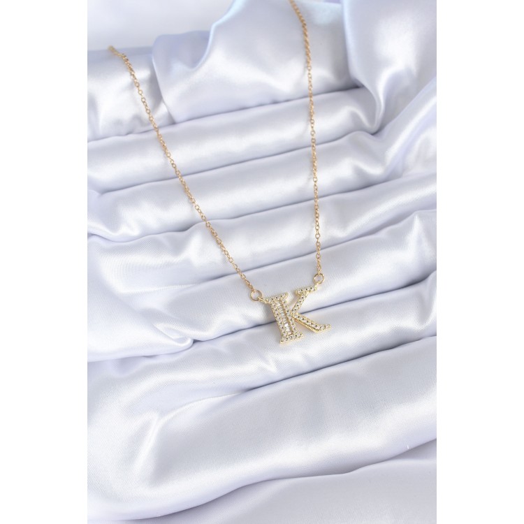 316L Çelik Gold Renk K Harf Model Zirkon Taşlı Kadın Kolye - TJ-BKO7712