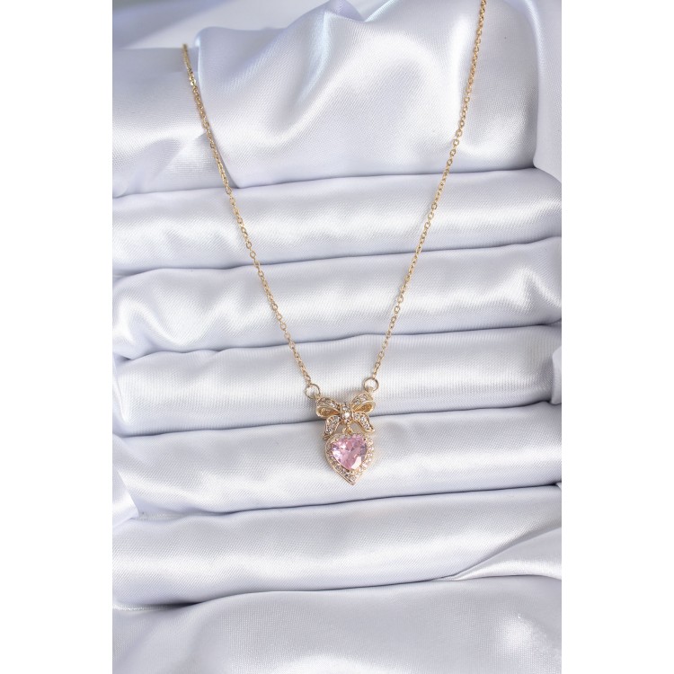 316L Steel Gold Chain Pink Crystal Heart Model Zircon Stone Ribbon Model Women's Necklace - TJ-BKO7745