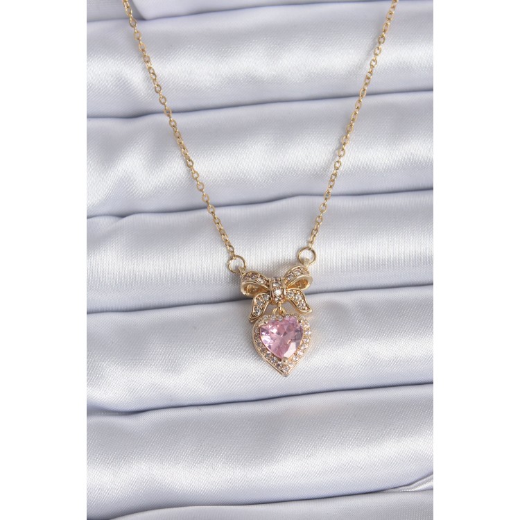 316L Steel Gold Chain Pink Crystal Heart Model Zircon Stone Ribbon Model Women's Necklace - TJ-BKO7745
