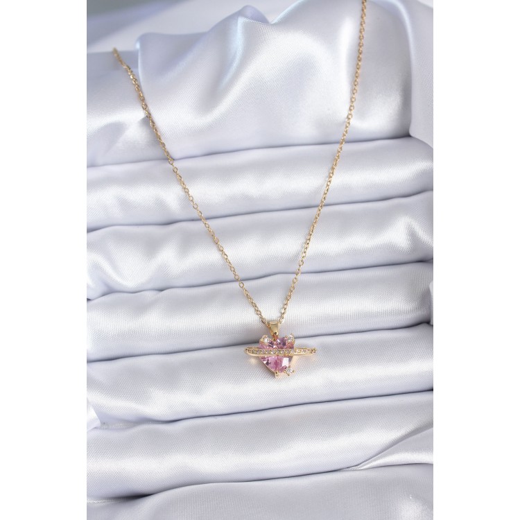 316L Steel Gold Color Chain Pink Crystal Heart Model Zircon Stone Detail Women's Necklace - TJ-BKO7747