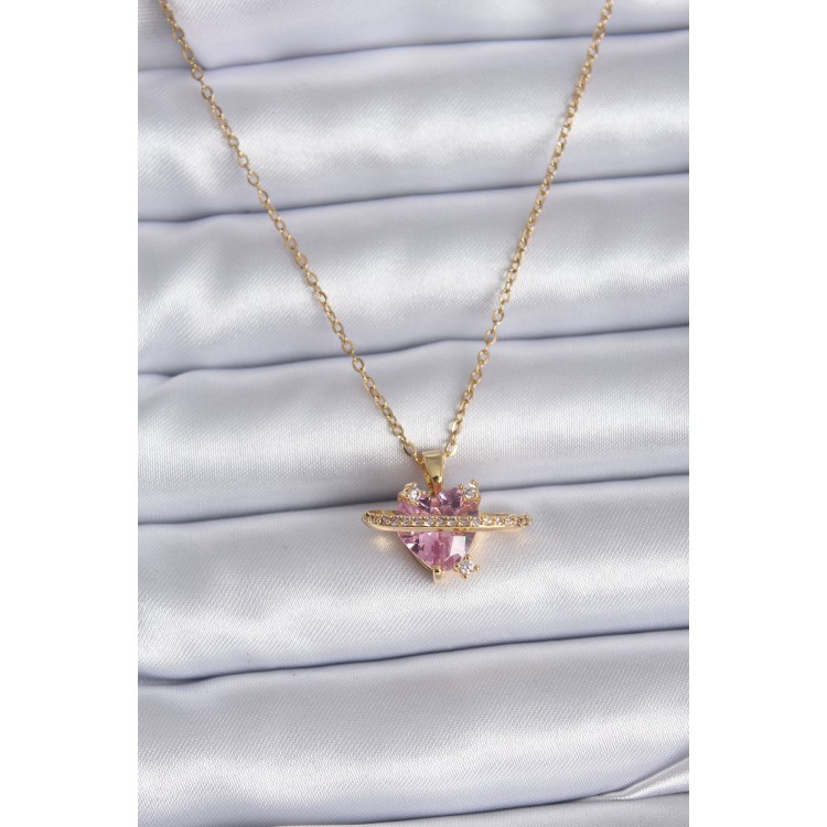 316L Steel Gold Color Chain Pink Crystal Heart Model Zircon Stone Detail Women's Necklace - TJ-BKO7747 316L Steel Gold Color Chain Pink Crystal Heart Model Zircon Stone Detail Women's Necklace - TJ-BKO7747