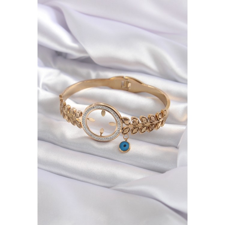 316L Çelik Gold Renk Çeyrek Takılabilen Zirkon Taş Detay Kadın Kelepçe - TJ-BB5548