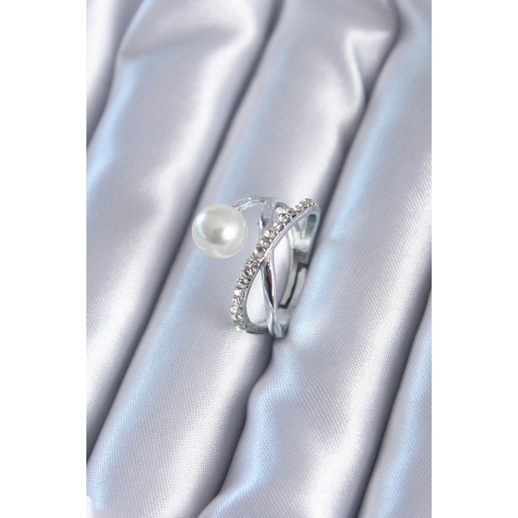 Gümüş Renk Zirkon Taşlı İncili Kadın Yüzük - TJ-BYK2807