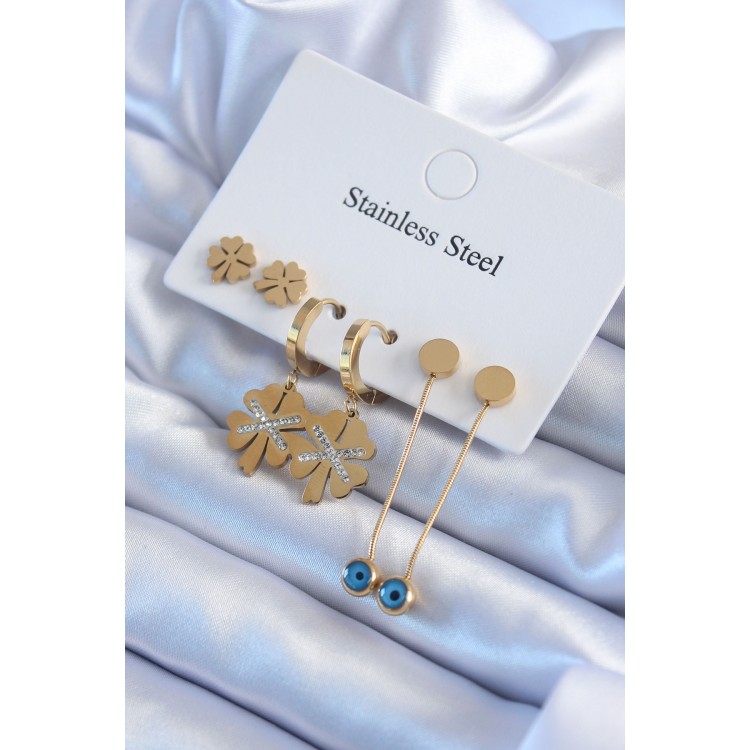 316L Steel Gold Color Zircon Stone Clover Model Women's Earring Set - TJ-BKP8002 316L Steel Gold Color Zircon Stone Clover Model Women's Earring Set - TJ-BKP8002