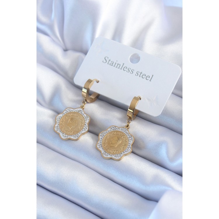 316L Steel Gold Color Quarter Model Zircon Stone Detail Women's Earrings - TJ-BKP8018 316L Steel Gold Color Quarter Model Zircon Stone Detail Women's Earrings - TJ-BKP8018