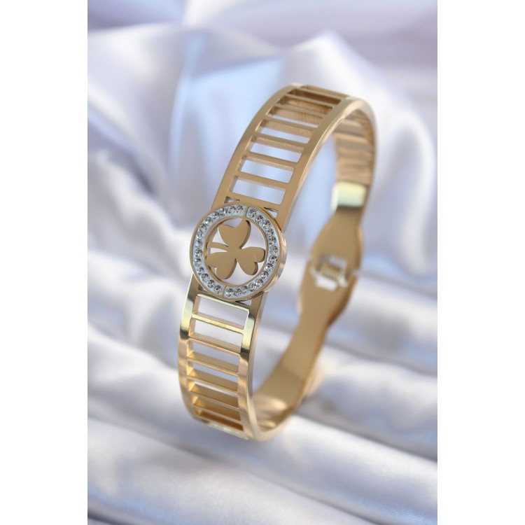 316L Çelik Gold Renk Zirkon Taşlı Yonca Model Kadın Kelepçe - TJ-BB5589 316L Çelik Gold Renk Zirkon Taşlı Yonca Model Kadın Kelepçe - TJ-BB5589