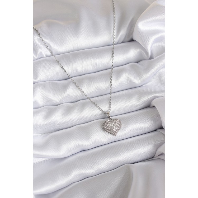 316L Çelik Zincir Gümüş Renk Zirkon Taş Detay Kalp Model Kadın Kolye - TJ-BKO7811