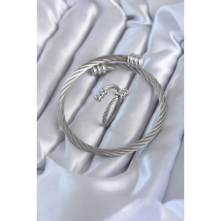 316L Çelik Gümüş Renk Sarmal Model Erkek Bileklik Yüzük Kombini - TJ-EB3596 316L Çelik Gümüş Renk Sarmal Model Erkek Bileklik Yüzük Kombini - TJ-EB3596