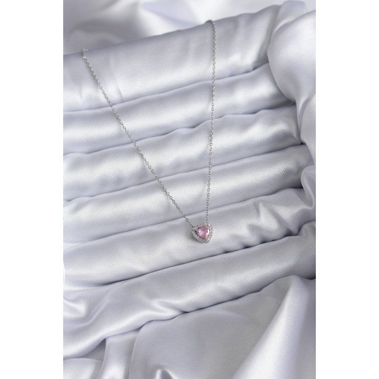 316L Steel Chain Silver Color Pink Zircon Stone Charm Women's Necklace - TJ-BKO7817