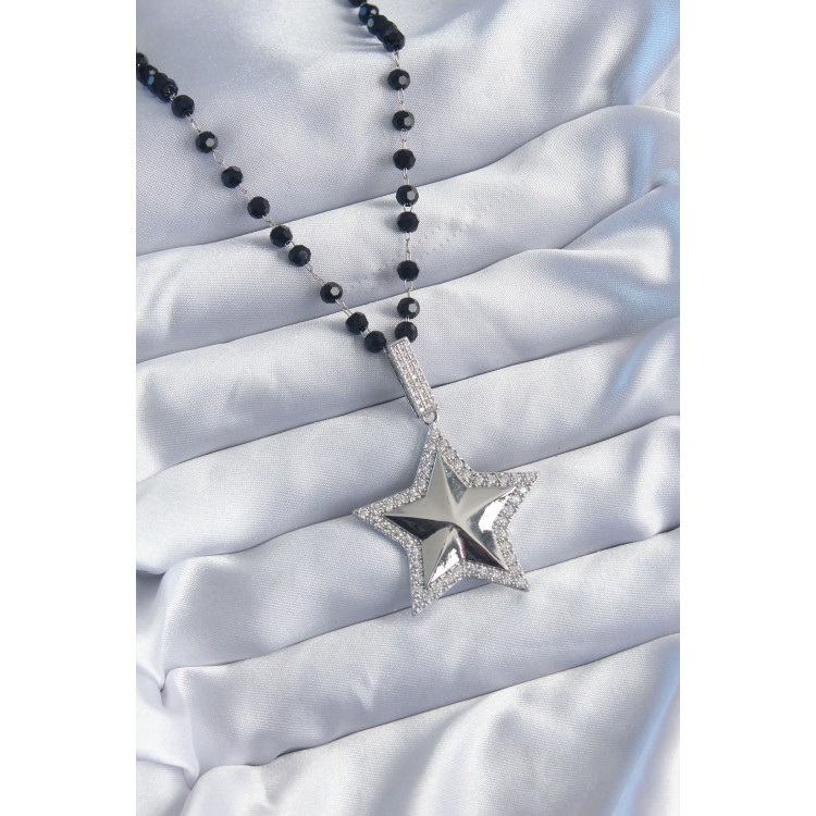 Gümüş Renk Siyah Boncuk Zirkon Taşlı Pirinç Yıldız Model VİP Seri Kadın Kolye - TJ-BKO8016 Gümüş Renk Siyah Boncuk Zirkon Taşlı Pirinç Yıldız Model VİP Seri Kadın Kolye - TJ-BKO8016