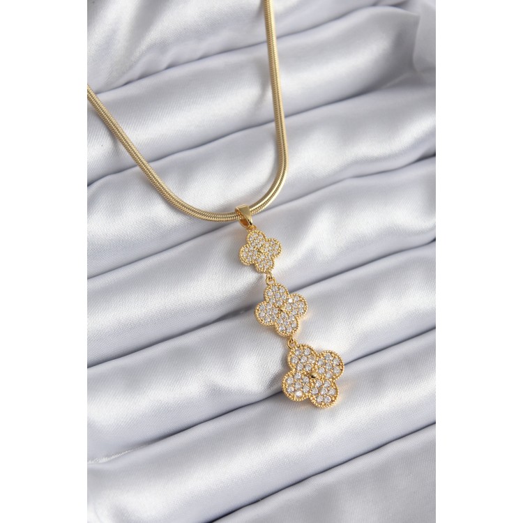 316L Steel Gold Color Italian Chain Zircon Stone Clover Model Women's Necklace - TJ-BKO8153