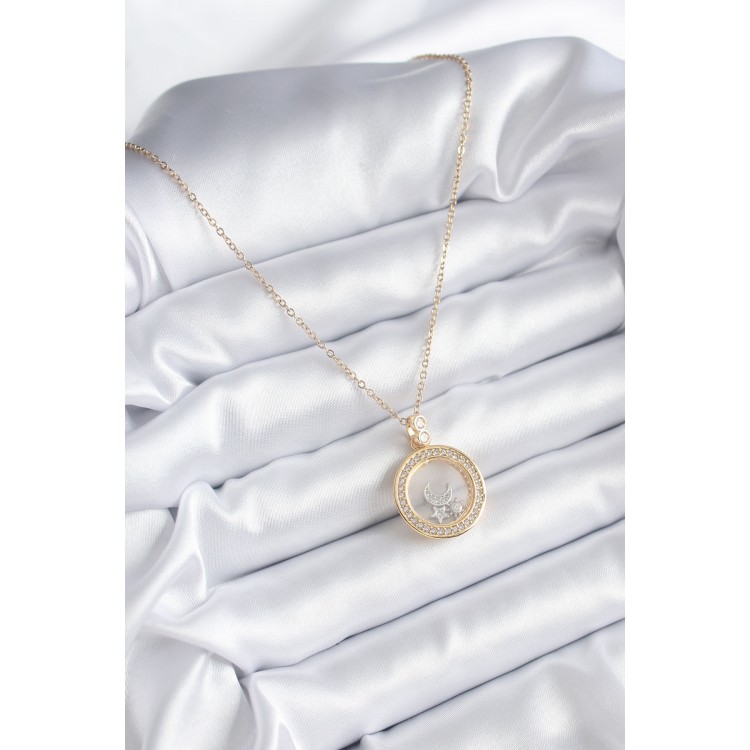 316L Çelik Gold Renk Zirkon Taş Detay Ay Yıldız Fanus Model Kadın Kolye - TJ-BKO8194