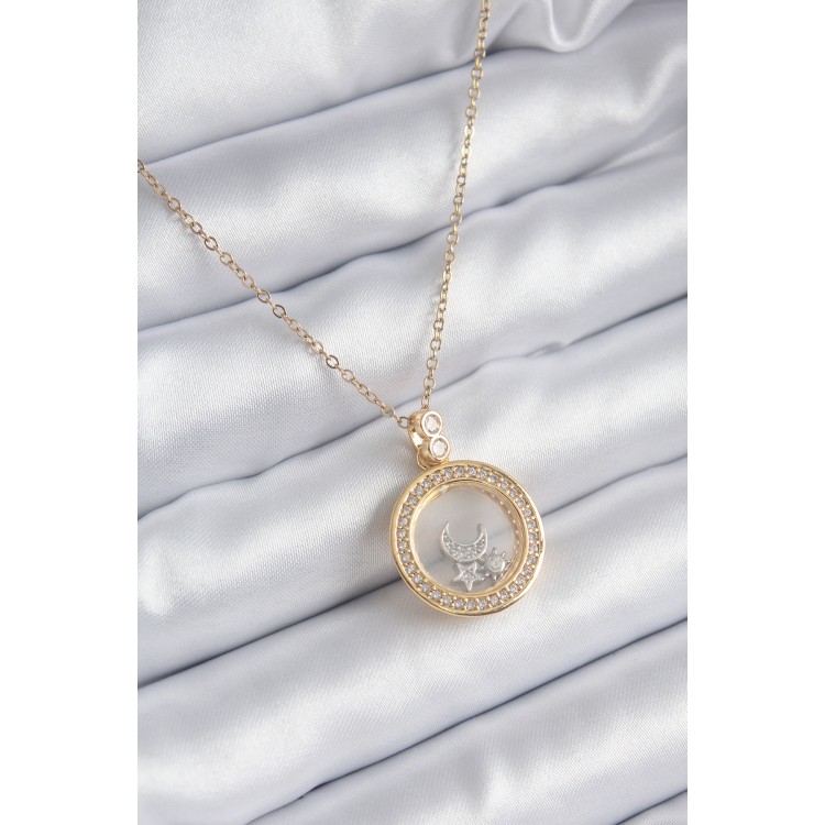 316L Çelik Gold Renk Zirkon Taş Detay Ay Yıldız Fanus Model Kadın Kolye - TJ-BKO8194 316L Çelik Gold Renk Zirkon Taş Detay Ay Yıldız Fanus Model Kadın Kolye - TJ-BKO8194
