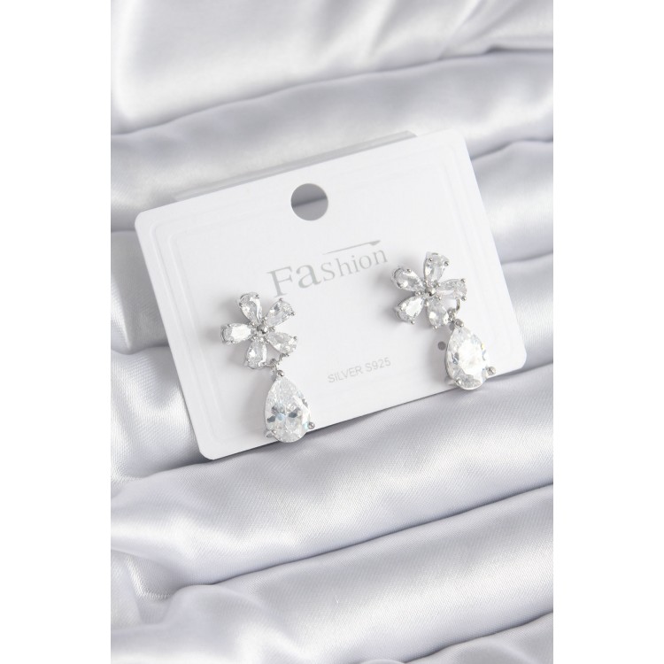 Brass Silver Color Zircon Stone Flower Model Drop Model Women's Earrings - TJ-BKP8400