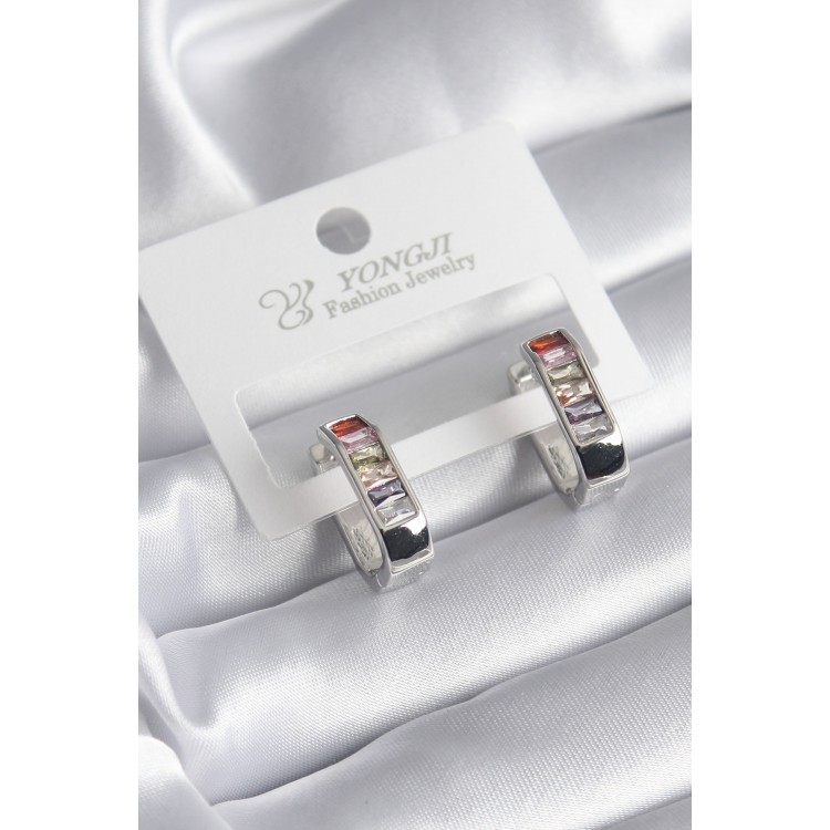 Brass Silver Color Colorful Zircon Stone Women's Earrings - TJ-BKP8353