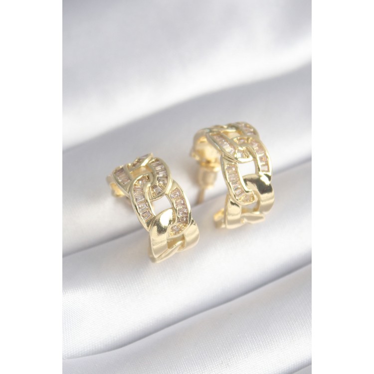 Pirinç Gold Renk Zirkon Taş Detay Zincir Model Kadın Küpe - TJ-BKP8452 Pirinç Gold Renk Zirkon Taş Detay Zincir Model Kadın Küpe - TJ-BKP8452