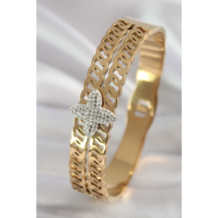 316L Çelik Gold Renk Zirkon Taşlı Çiçek Model Kadın Kelepçe - TJ-BB5902 316L Çelik Gold Renk Zirkon Taşlı Çiçek Model Kadın Kelepçe - TJ-BB5902