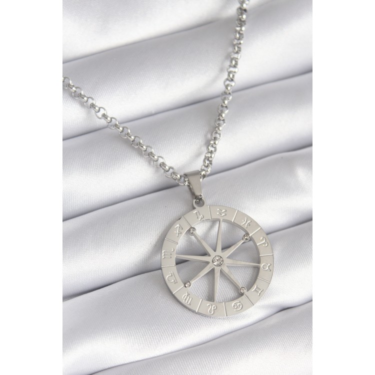 316L Steel Silver Color Zircon Stone Dream Catcher Model Zodiac Signs Engraving Detail Women's Necklace - TJ-BKO8272 316L Steel Silver Color Zircon Stone Dream Catcher Model Zodiac Signs Engraving Detail Women's Necklace - TJ-BKO8272