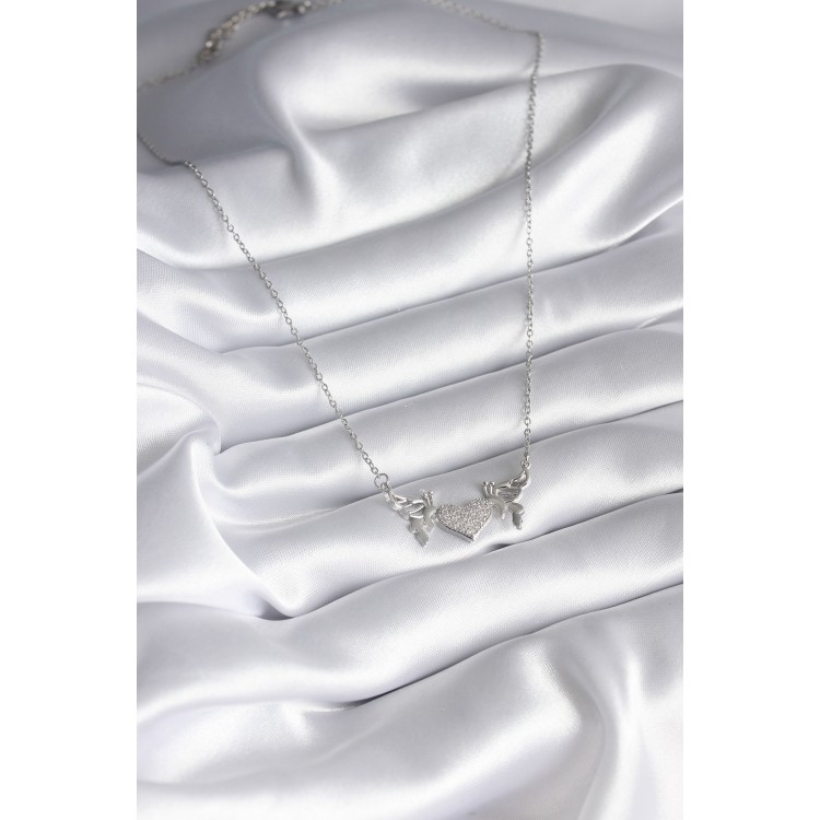 316L Stainless Steel Silver-Colored Zircon Stone Wing Heart Design Women's Necklace - TJ-BKO8289