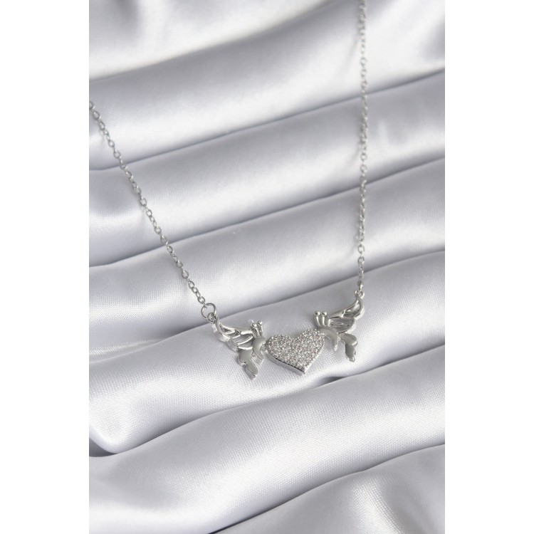 316L Stainless Steel Silver-Colored Zircon Stone Wing Heart Design Women's Necklace - TJ-BKO8289