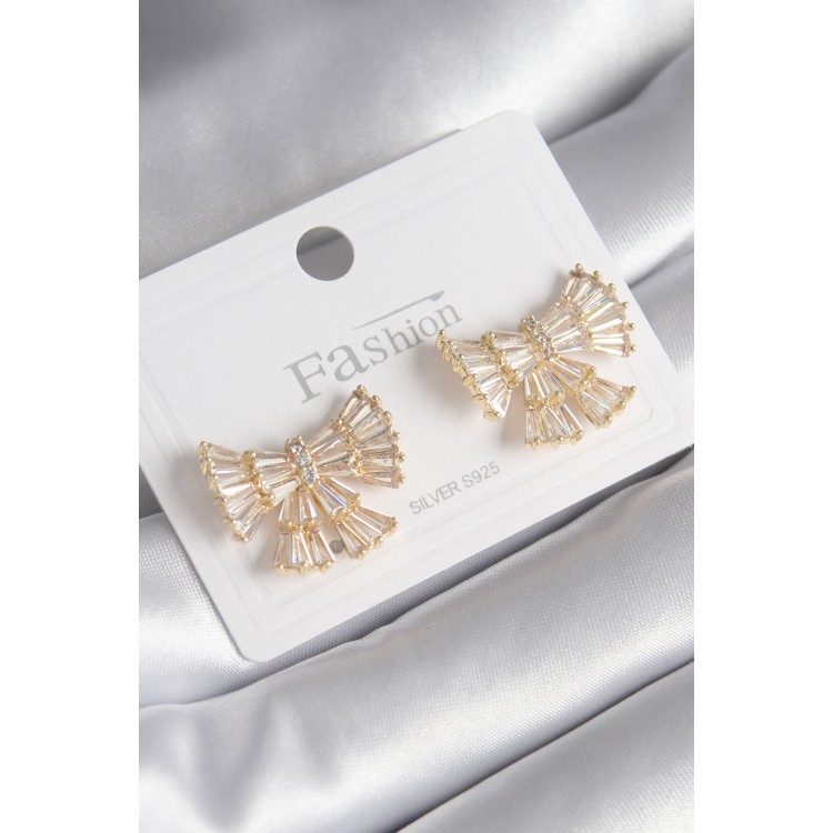 Gold-Colored Zircon Stone Ribbon Model Women's Earrings - TJ-BKP8599 Gold-Colored Zircon Stone Ribbon Model Women's Earrings - TJ-BKP8599