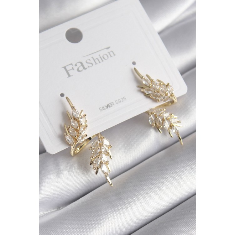 Gold-Colored Zircon Stone Leaf Design Women's Earrings - TJ-BKP8607 Gold-Colored Zircon Stone Leaf Design Women's Earrings - TJ-BKP8607