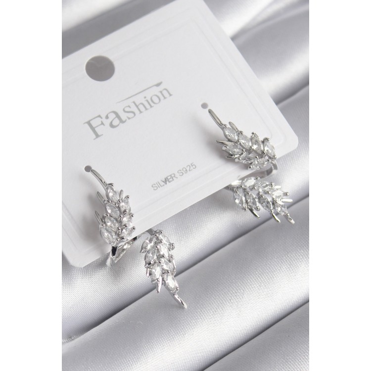 Silver-Colored Zircon Stone Leaf Model Women's Earrings - TJ-BKP8608