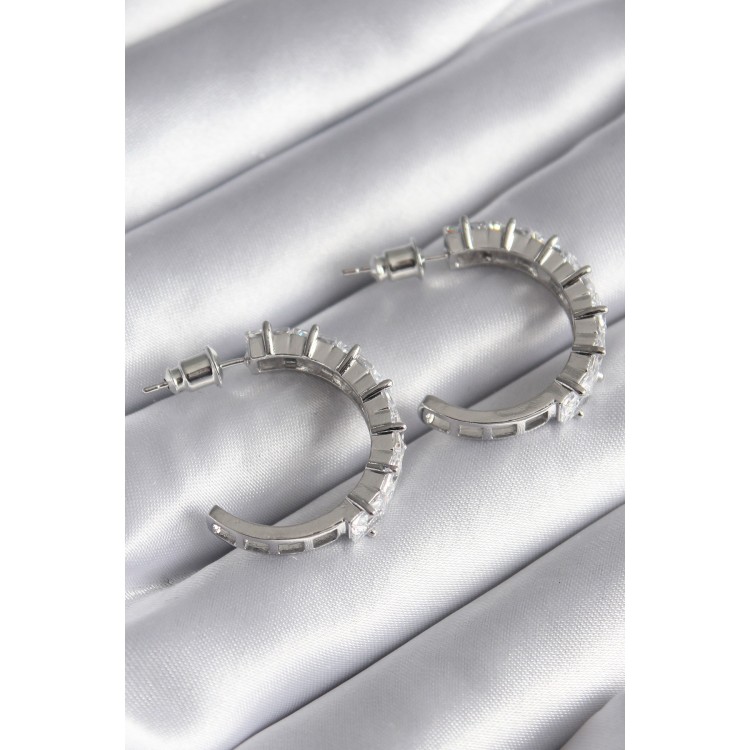Silver-Colored Zircon Stone Hoop Earrings for Women - TJ-BKP8610