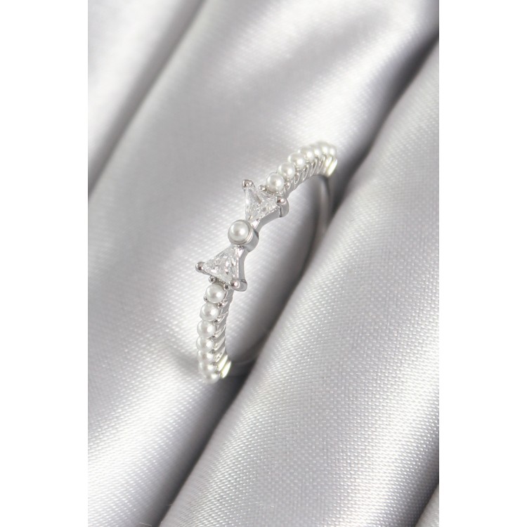 Silver-Colored Zircon Stone Ribbon Model Pearl Detail Women's Ring - TJ-BYK3060