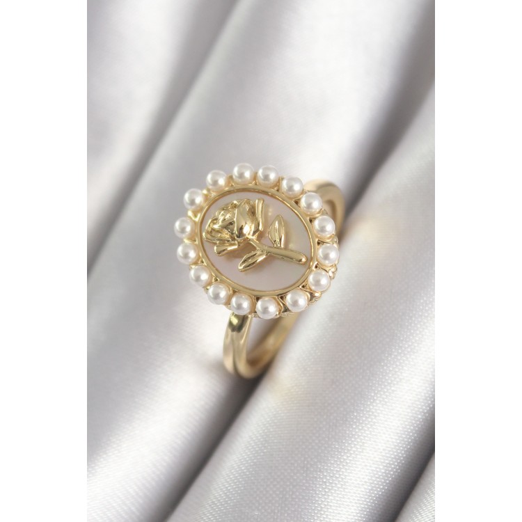 Gold-Colored Rice Grain Portrait Rose Design Pearl Detail Women's Ring - TJ-BYK3063