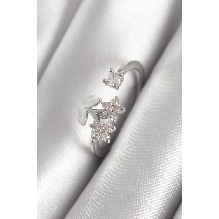 Silver-Tone Zircon Stone Flower Design Women's Ring - TJ-BYK3068