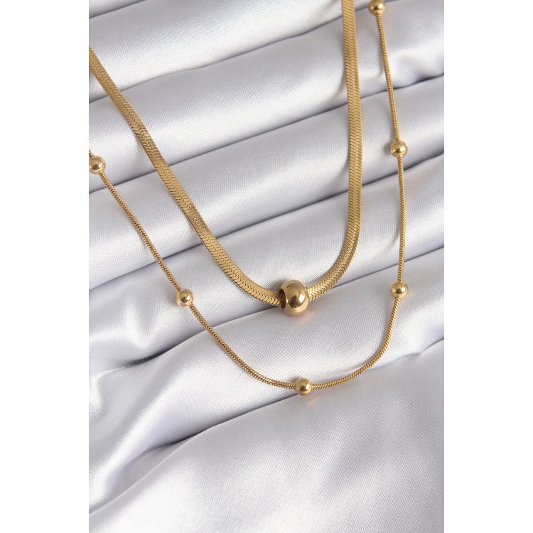 316L Steel Gold Color Italian Chain Model Bead Detail Women's Necklace - TJ-BKO8312