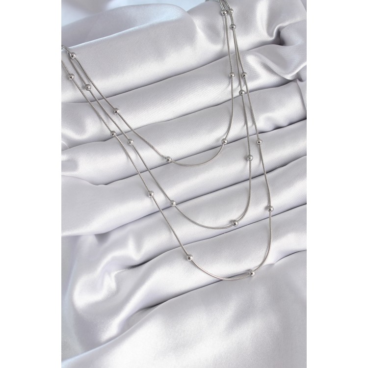 316L Çelik Gümüş Renk 3'lü Topçuk Detay Kadın Kolye - TJ-BKO8313