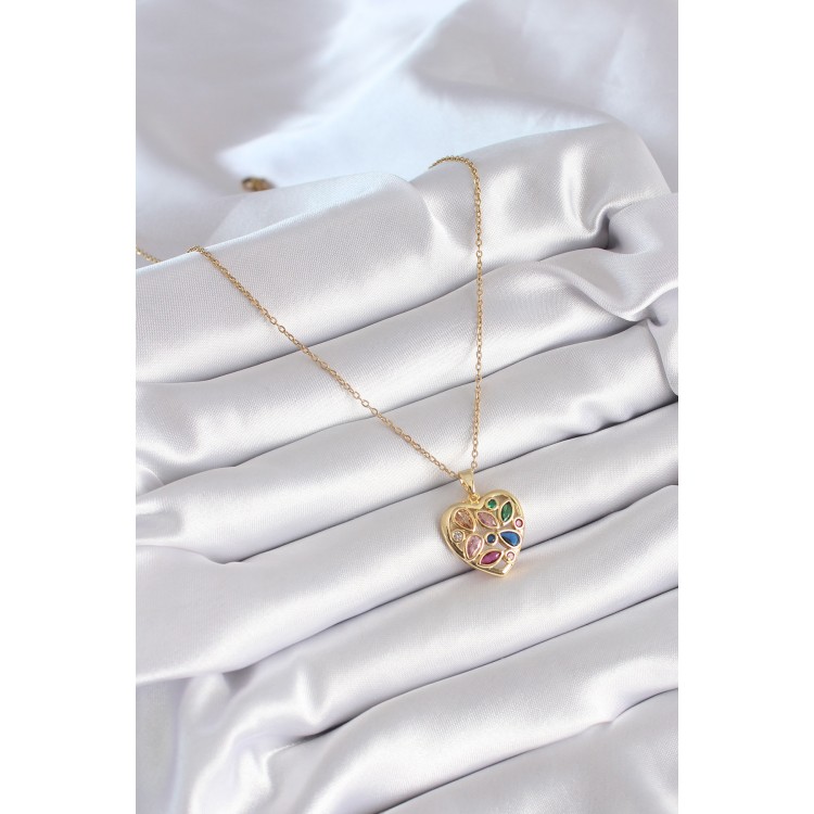 316L Stainless Steel Gold-Colored Heart-Shaped Pendant with Colored Zircon Stones for Women - TJ-BKO8329